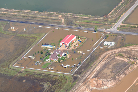 Center: Farmstead affected by flood waters.Top Left: Completed wellpad: Wellhead, crude oil tanks, toxic waste water tanks, separator, combustor flares submerged under flood waters
